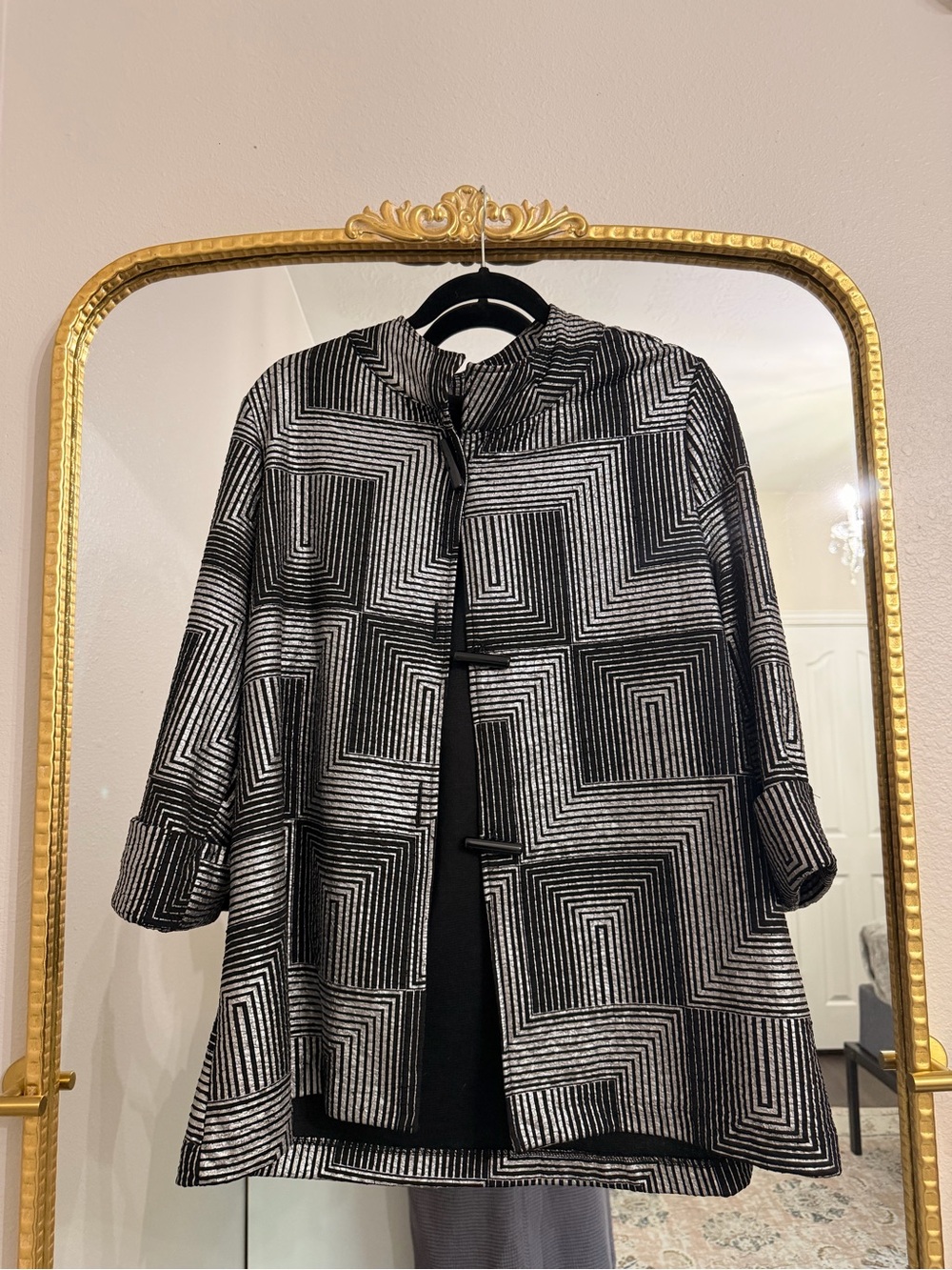JM Collection Black Coat with Metallic Silver Stripes